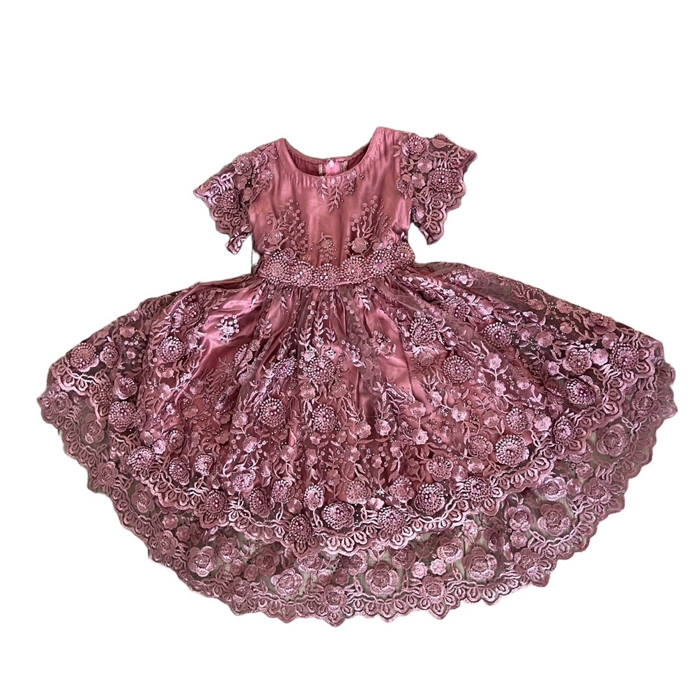 Girls' Custom Made high low mauve lace embroidered dress in size approx 6x/7